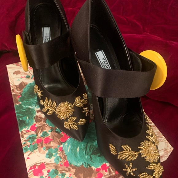 Prada Shoes - Lovely PRADA Black satin w/gold jeweled heel.